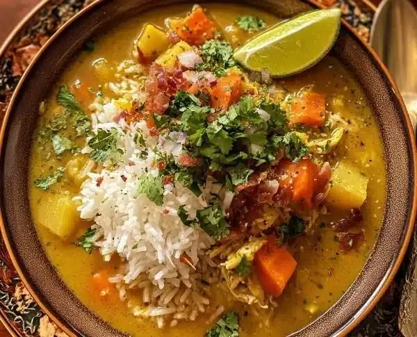Bowl of spicy Indian Mulligatawny soup garnished with herbs and spices.