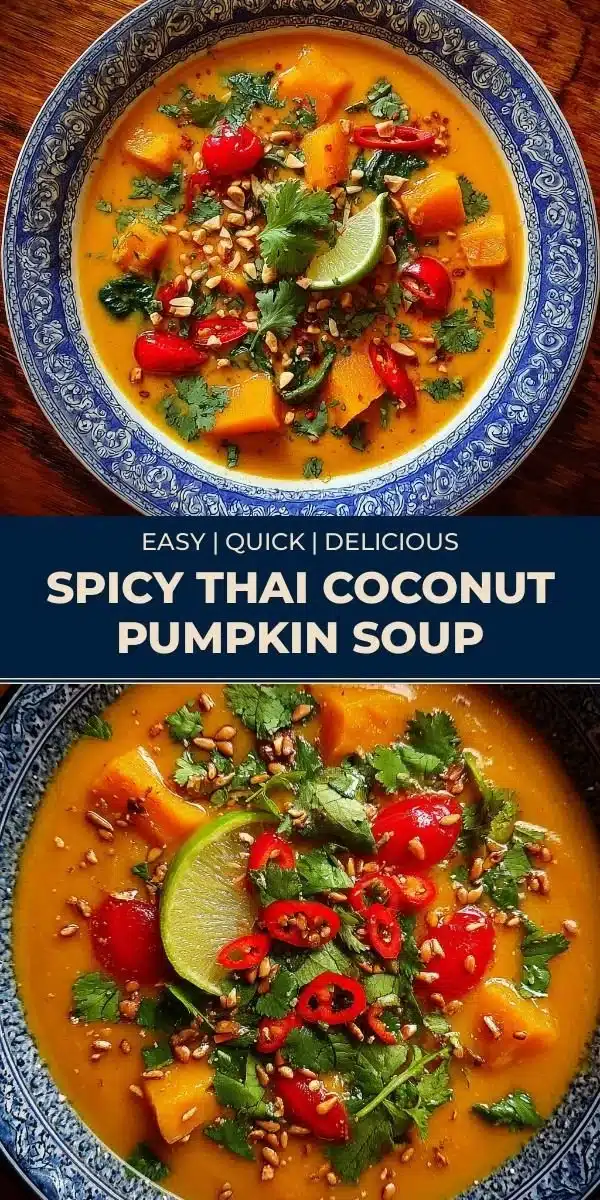 Spicy Thai Coconut Pumpkin Soup 2 Bowl of spicy Thai coconut pumpkin soup topped with fresh herbs