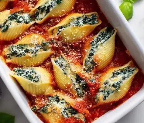 Plate of spinach and ricotta stuffed shells, topped with marinara sauce