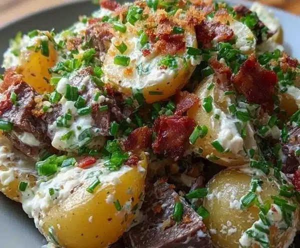 Steakhouse Potato Salad 8 Creamy steakhouse potato salad served in a bowl, garnished with herbs.