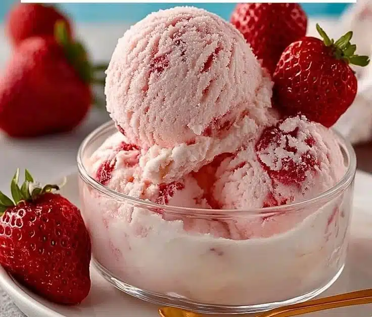 Bowl of homemade Strawberry Cottage Cheese Ice Cream topped with fresh strawberries
