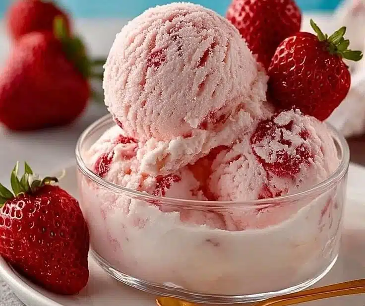 Delicious strawberry cottage cheese ice cream served in a bowl.