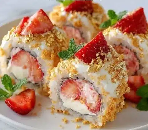 Delicious strawberry shortcake sushi rolls topped with fresh strawberries