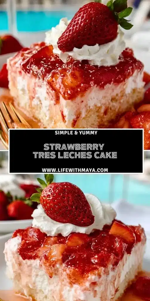 Delicious Strawberry Three Milks Cake topped with fresh strawberries