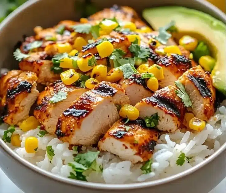 Street Corn Chicken Rice Bowl featuring grilled chicken, corn, and rice.