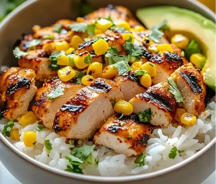 Delicious Street Corn Chicken Rice Bowl with vibrant toppings and flavors.