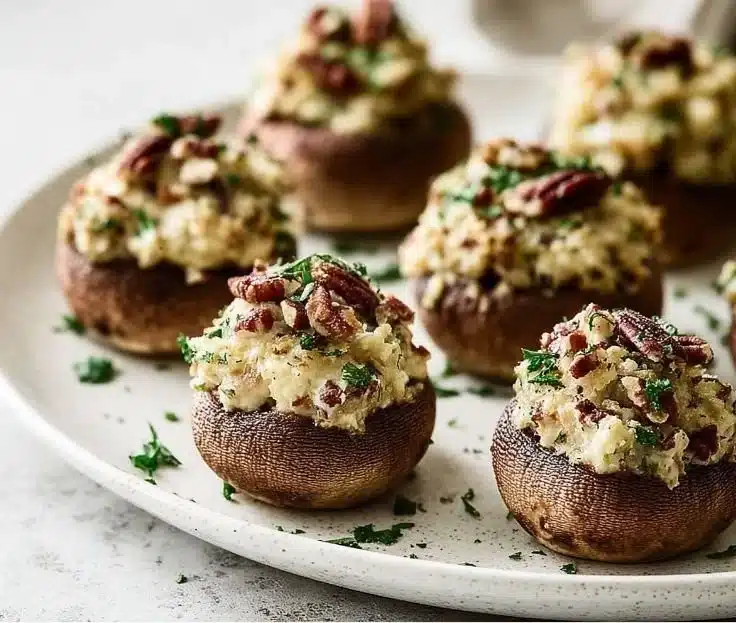 A platter of stuffed mushrooms, ideal appetizer for Christmas dinner celebrations.
