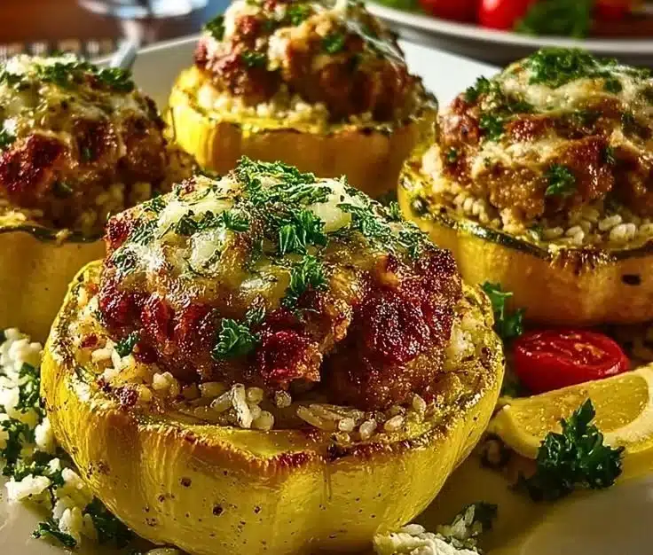Stuffed patty pan squash with sausage and rice, beautifully plated.