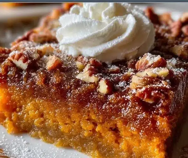 Sweet potato pie bars topped with whipped cream and spices, served on a plate.