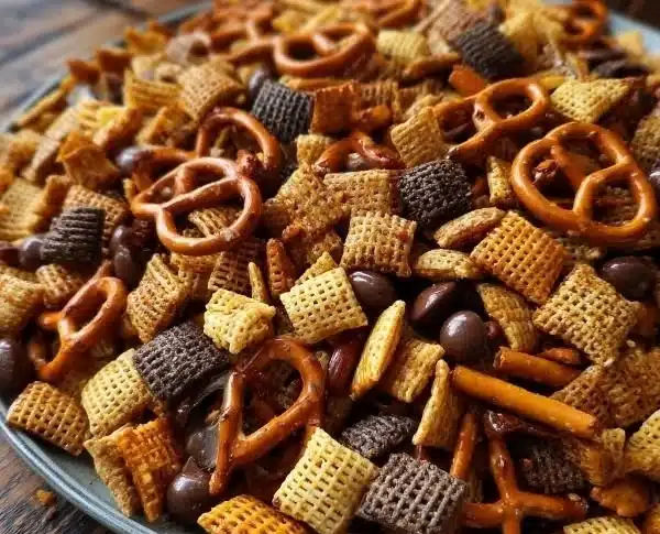Delicious Sweet & Smoky Party Mix in a bowl, perfect for gathering snacks.