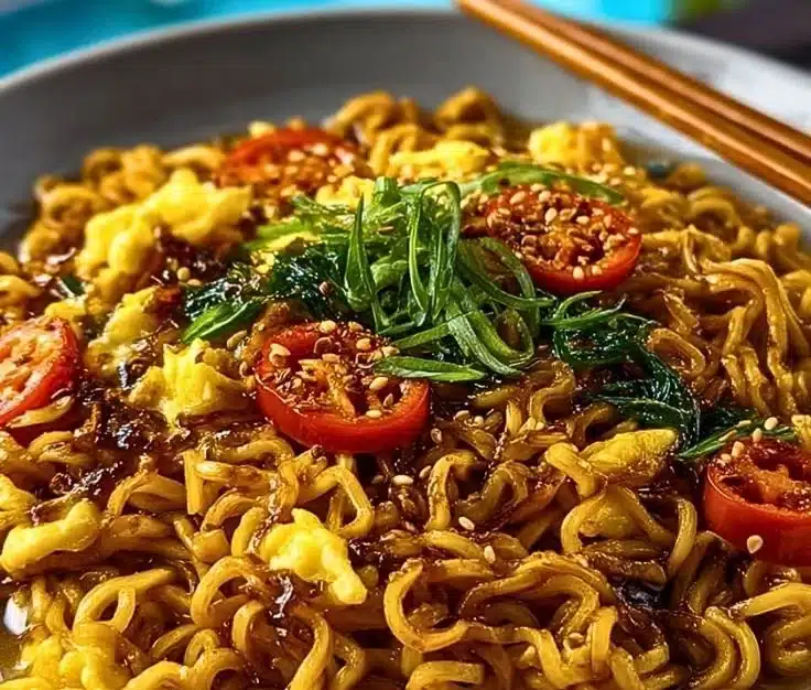 Sweet and Spicy Ramen Noodle Stir Fry in a colorful bowl with vegetables