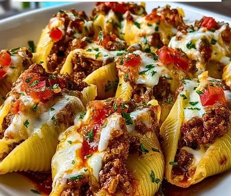 Delicious taco stuffed shells filled with seasoned meat, cheese, and toppings.