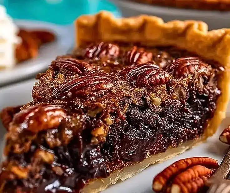 Delicious slice of Texas chocolate pecan pie with rich chocolate and crunchy pecans