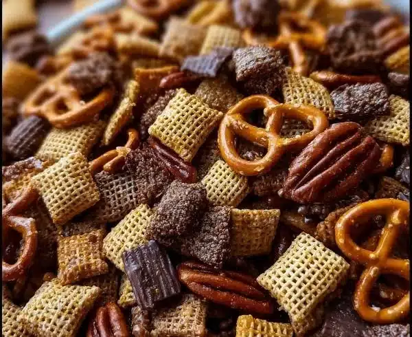 Bowl of delicious Toffee Chex Mix with nuts and chocolate pieces