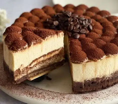 Slice of ultimate tiramisu cheesecake topped with cocoa powder and coffee beans.