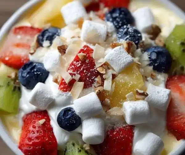 Vanilla pudding fruit salad topped with colorful fresh fruits