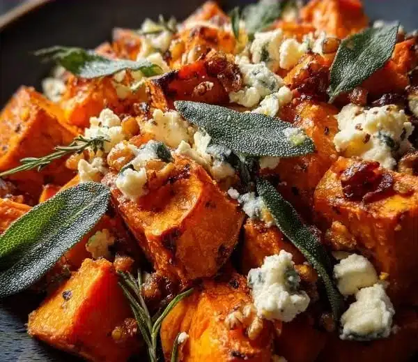 Viral Sweet Potato Goat Cheese Sage dish garnished with fresh sage leaves