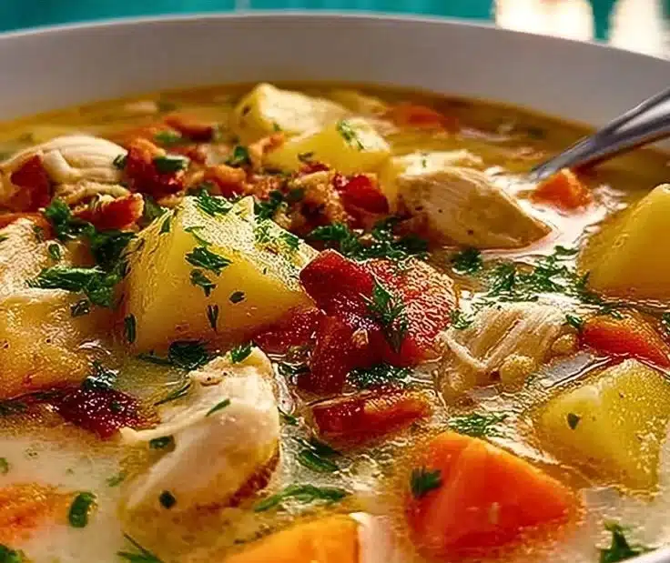 Bowl of warming chicken potato soup garnished with herbs