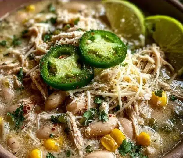 Bowl of White Chicken Chili garnished with cilantro and lime.