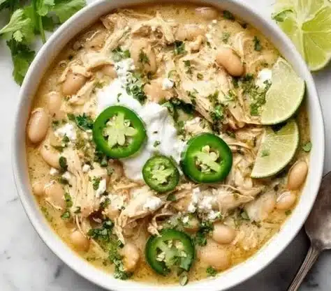 Delicious bowl of white chicken chili with diced chicken and beans