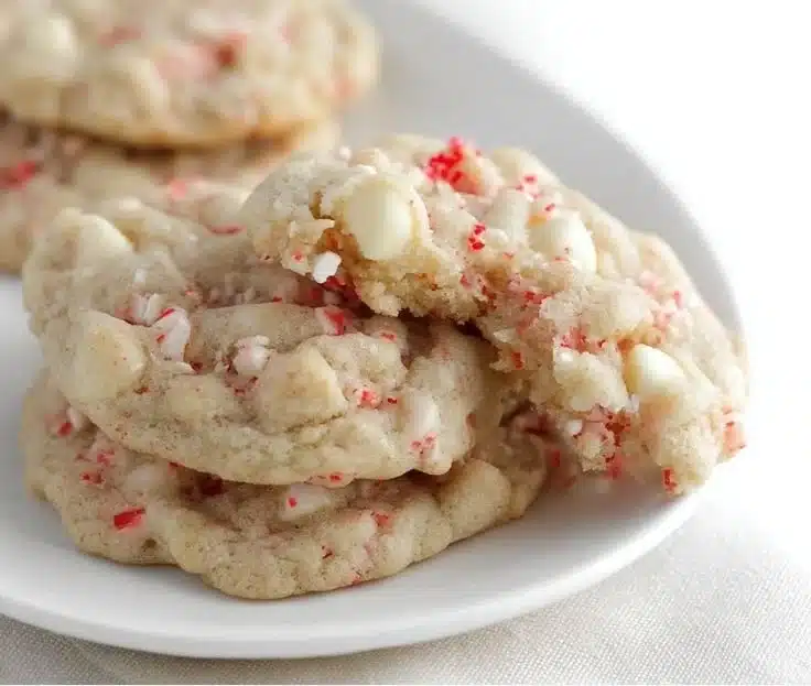 Delicious white chocolate peppermint cookies on a festive plate