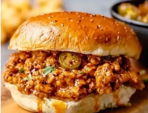 Plate of addicting Cajun Chicken Sloppy Joes served with toppings