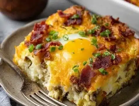 Delicious Crack Breakfast Casserole topped with cheese and herbs