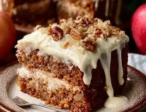 Apple cake topped with cream cheese frosting, a delicious dessert