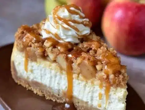Sliced Apple Pie Cheesecake topped with whipped cream and apple slices
