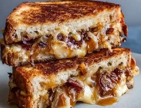 Bacon and caramelized onion grilled cheese sandwich on a rustic plate