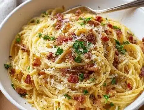 Delicious Bacon Carbonara Pasta topped with fresh herbs and cheese
