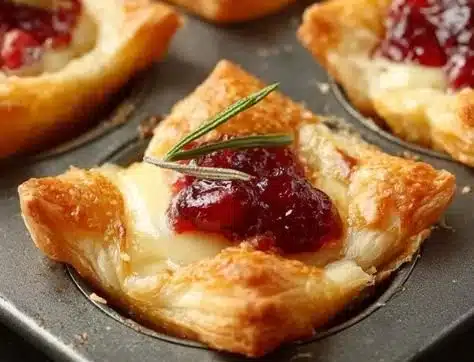 Golden baked cranberry brie bites on a platter, garnished and ready to serve.