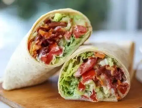 Delicious BLT wraps with bacon, lettuce, and tomato rolled in a tortilla.