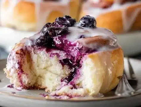 Blueberry Cinnamon Rolls with Cream Cheese Glaze 28 Blueberry cinnamon rolls drizzled with cream cheese glaze on a plate