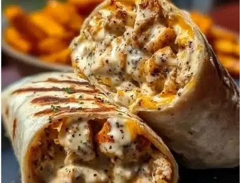 Cheesy garlic chicken wrap with fresh ingredients in a tortilla