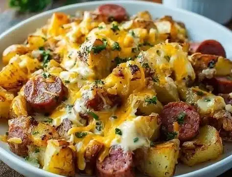 Cheesy ranch potatoes with smoked sausage served in a bowl