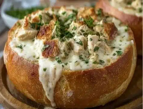 Chicken Alfredo Garlic Bread Bowls 25 Chicken Alfredo Garlic Bread Bowls served with creamy sauce and herbs