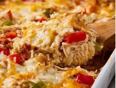 Chicken Fajita Casserole dish with colorful peppers and cheese