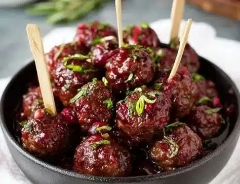 Christmas Cranberry Meatballs 2 Delicious Christmas cranberry meatballs served in a festive dish