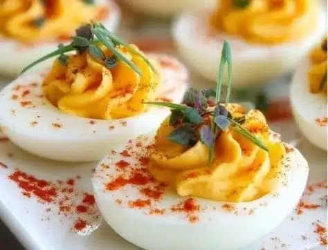 Classic Deviled Eggs 16 Plate of classic deviled eggs garnished with paprika and herbs