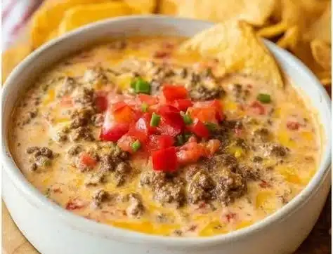 Classic Rotel dip with ground beef served in a bowl with tortilla chips