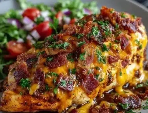 Cowboy BBQ Bacon Cheddar Chicken topped with bacon and cheddar cheese