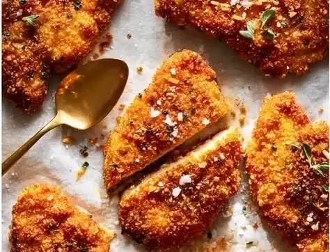 Crispy golden hot honey chicken cutlets garnished with herbs and served with sauce