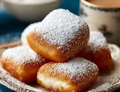 Fluffy vanilla French beignets dusted with powdered sugar and served warm.