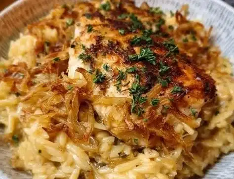 French onion chicken orzo casserole topped with melted cheese and herbs.