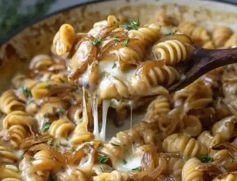 Delicious plate of French Onion Pasta topped with melted cheese and caramelized onions