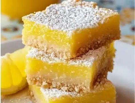 Freshly baked lemon bars topped with powdered sugar on a plate