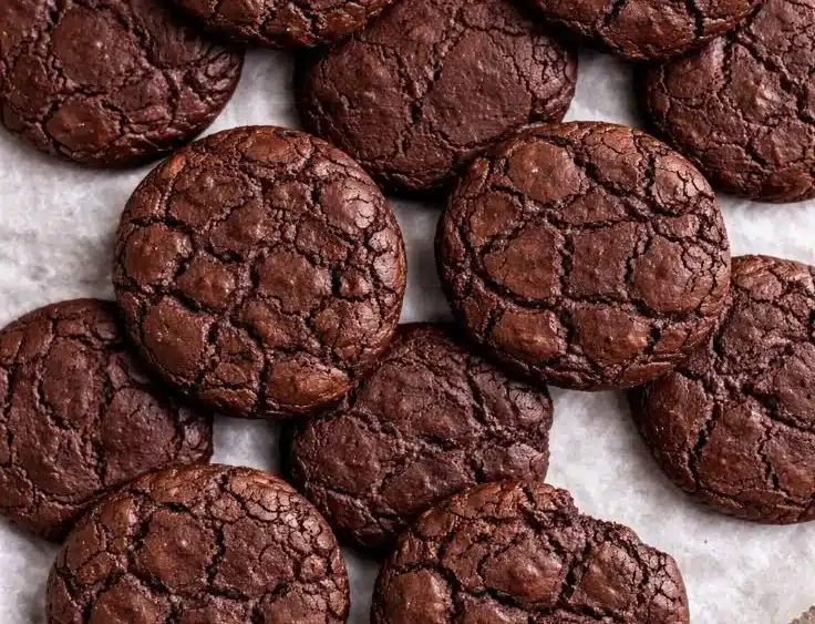 Fudgy Chocolate Brownie Cookies | Easy, Rich & Chewy Treat 10 Fudgy chocolate brownie cookies on a plate ready to be enjoyed