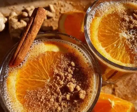 Gingerbread Orange Festive Fizz cocktail garnished with festive decorations.