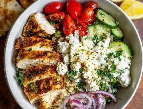 Delicious Greek Chicken Bowl with fresh veggies and herbs